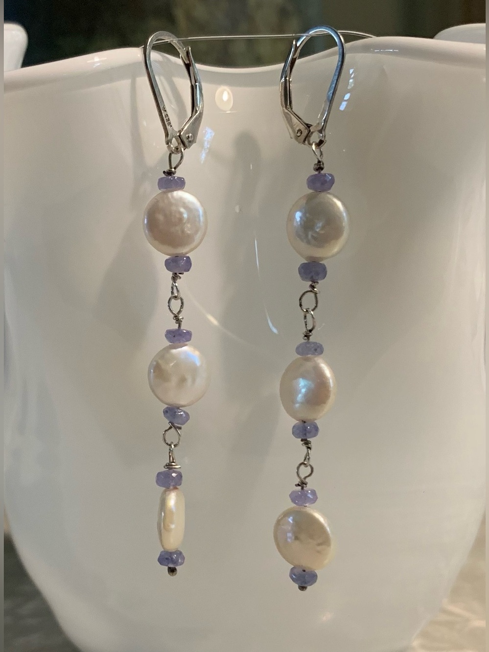925 Sterling Silver White Coin Pearl Lavender Bead Leverback Earrings